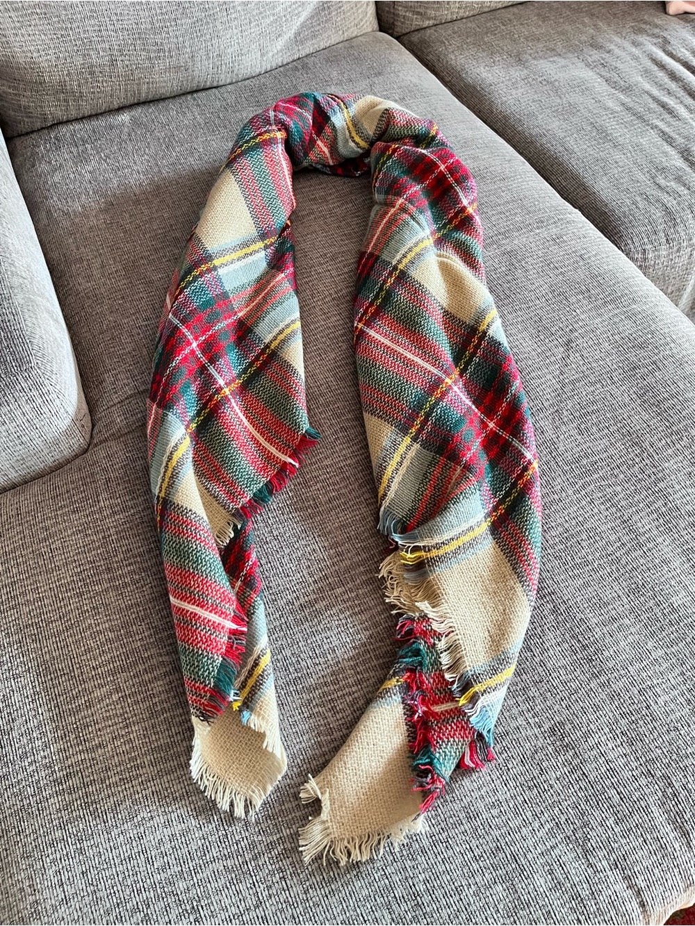 Plaid Fringe Blanket Scarf - Red, Green, Cream